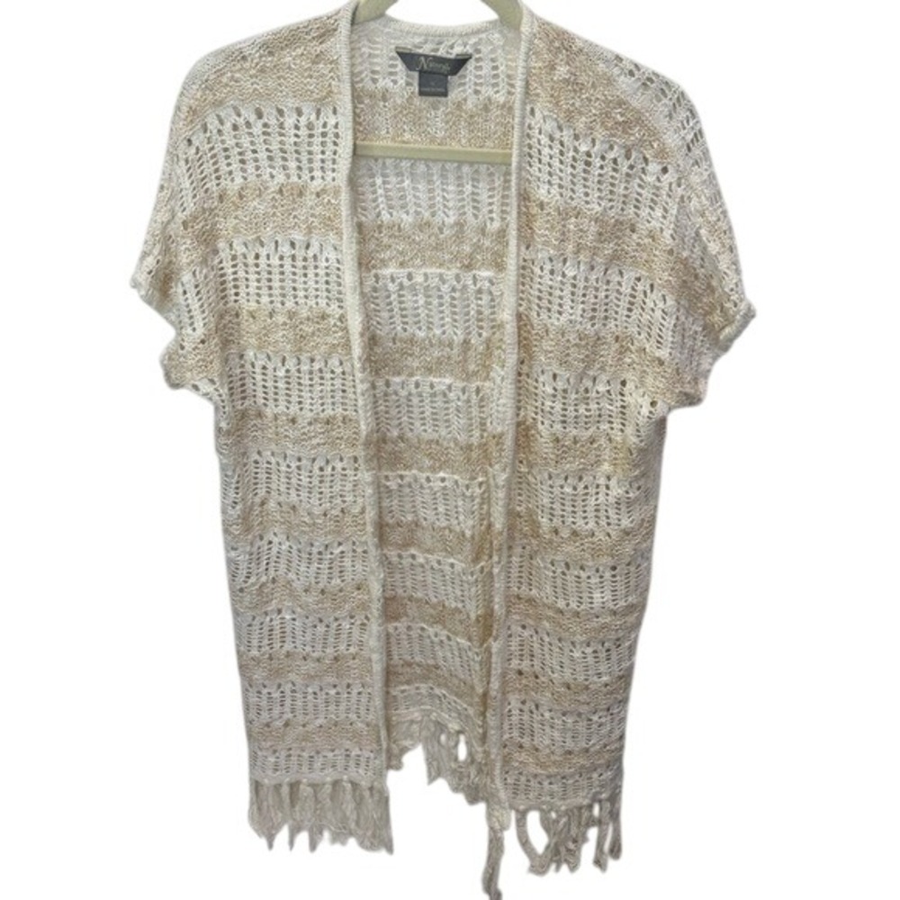 Natural Reflections Cream‎ & Gold Knit Fringe Open Cardigan XL